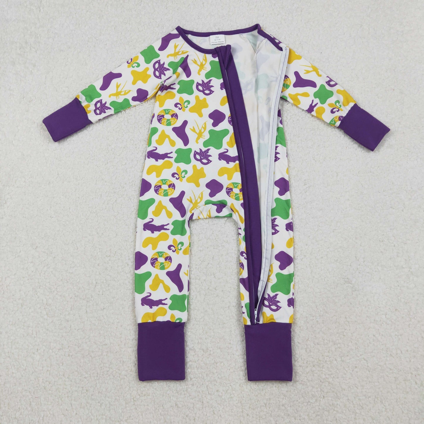 RTS NO MOQ（In Stock) LR2637 Carnival Mask Camouflage Purple and White Zippered Long-Sleeved Bodysuit
