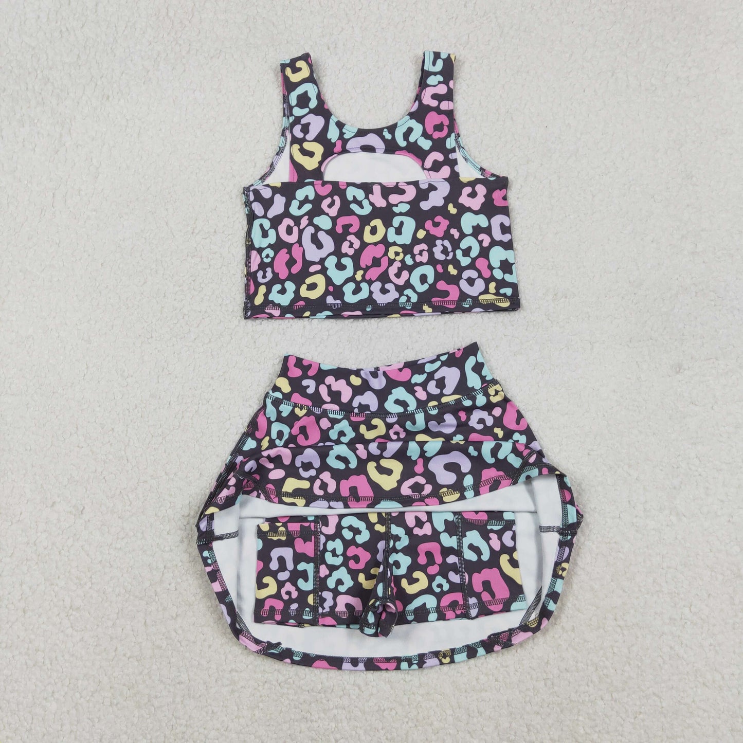 RTS NO MOQ（In Stock) GSD2176 Colorful leopard print gray vest and pants skirt yoga set