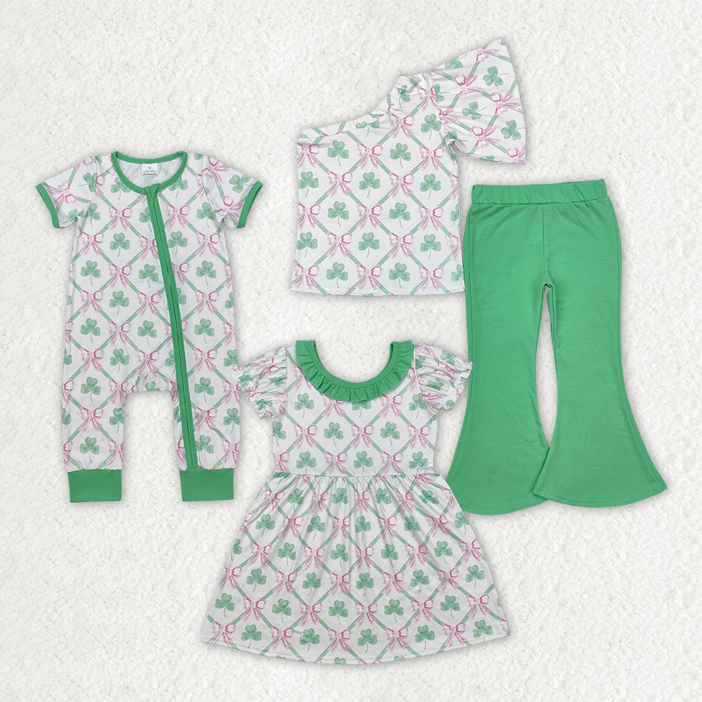 RTS NO MOQ Girls St. Patrick's Four Leaf Clover Short Sleeve shirt pants clothing set and romper and dress