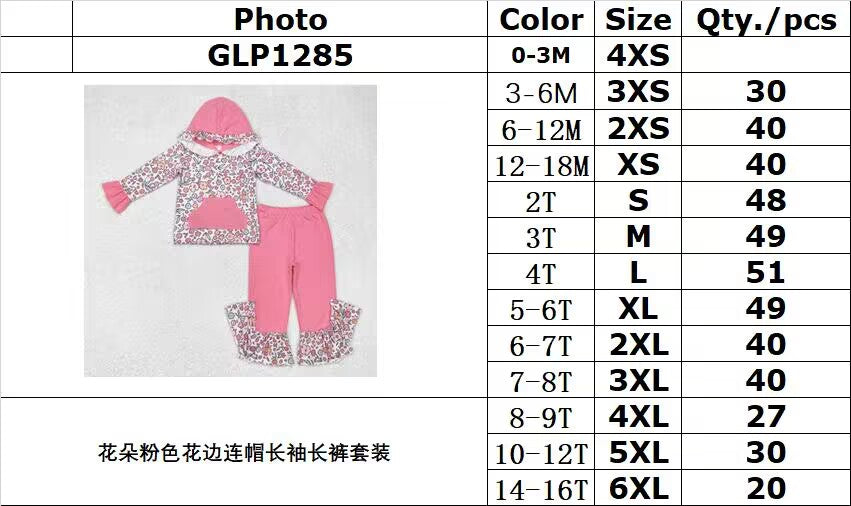 rts stock no moq GLP1285 Flower pink lace hooded long-sleeved trousers set