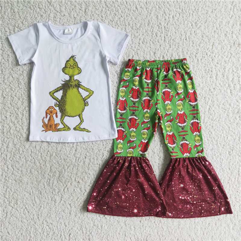 A8-5 grinch white short sleeve green flared trousers