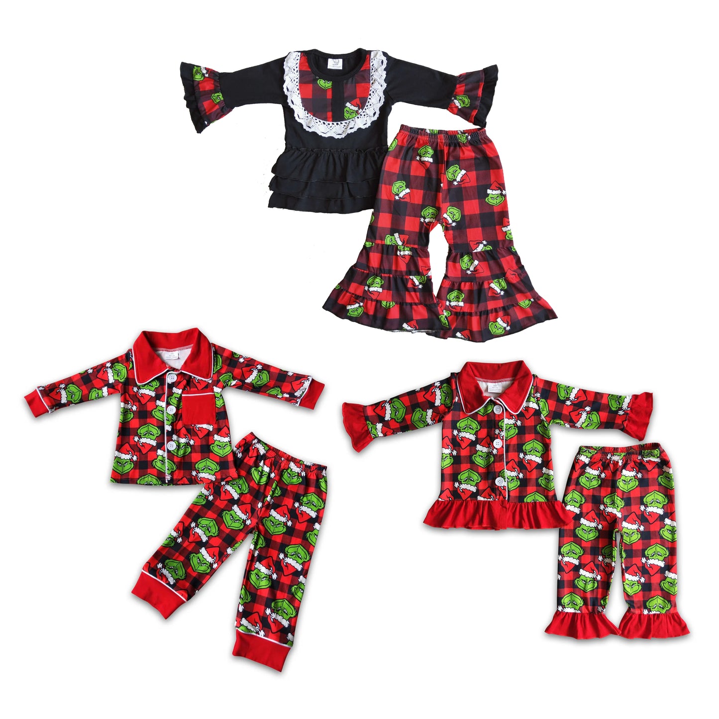 RTS NO MOQ 6 A19-15 6 B1-25 6 A12-29 6 A12-29 grinch black top and red plaid pants