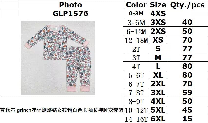 bamboo rts no moq GLP1576 Modal grinch wreath bow girl pink and white long sleeve trousers pajamas set