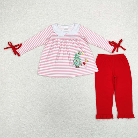 rts no moq GLP1677 Embroidered Christmas tree pink striped collar long-sleeved top red trousers set