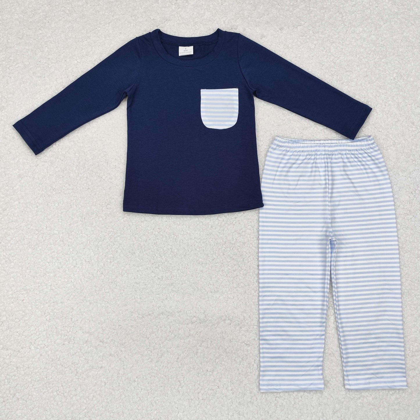 RTS NO MOQ ETA 5/7days Arrived BLP0868 Striped pocket navy blue long-sleeved trousers set