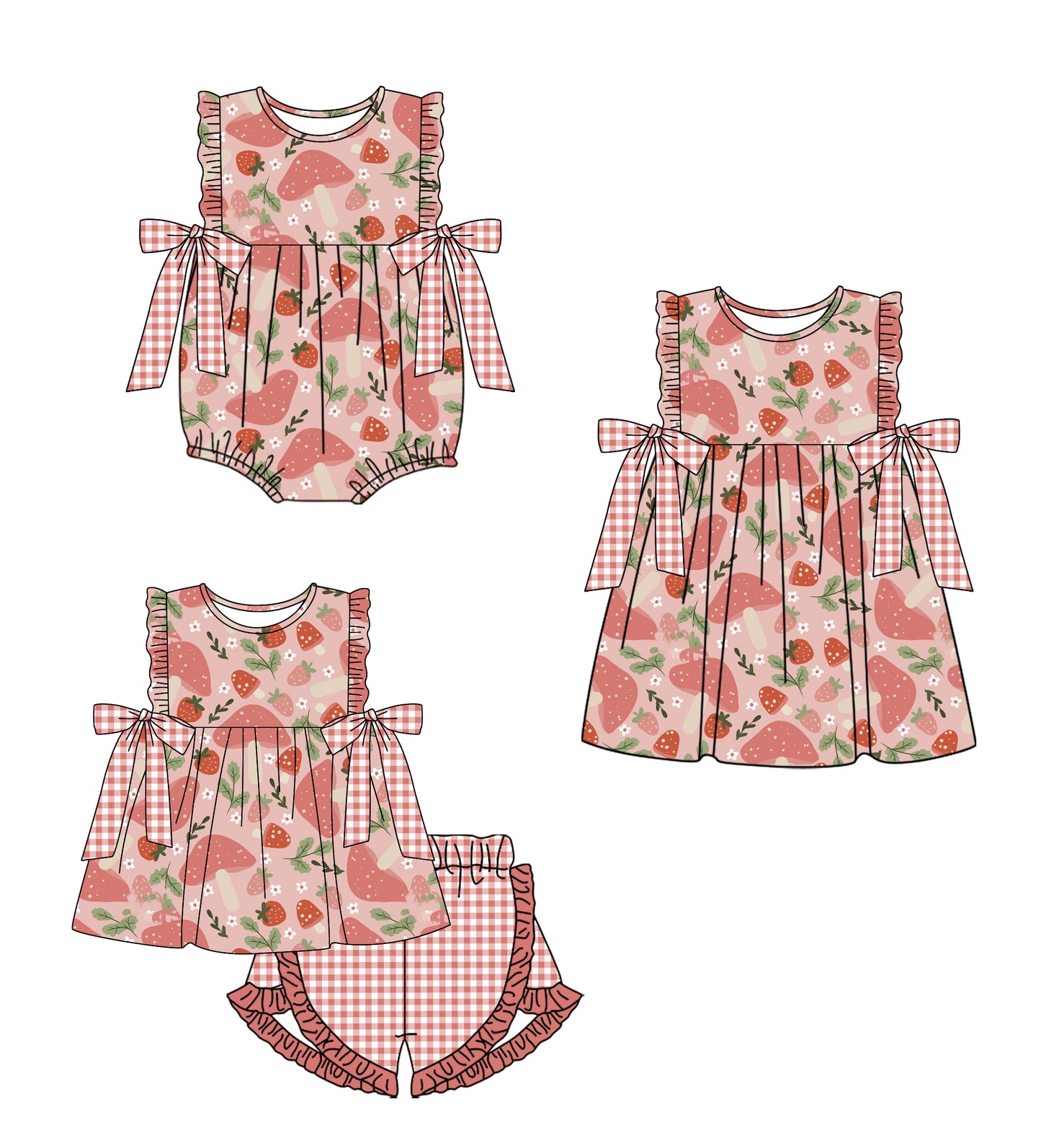 1.9 custom each style moq 5eta 4-6week Sibling Sister strawberry baby girl short sleeve shorts sets and dress and rompers match family design