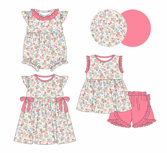 12.30 custom each style moq 5eta 4-6week Sibling Sistes floral baby girl short sleeve shorts sets and dress and rompers match family design