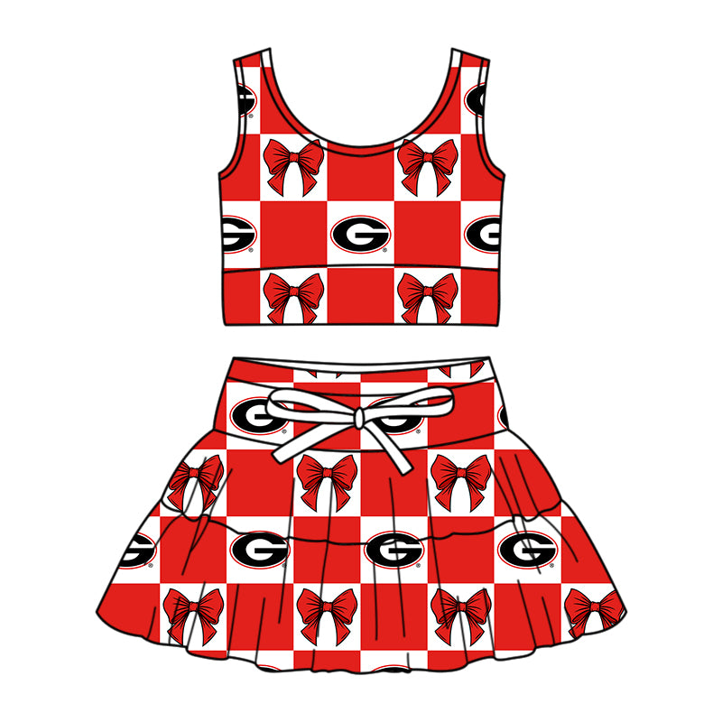 Custom moq 3 or 5 mix size milk silk summer teams baby girl clothes bow red sleeveless skirts sets-26.1.17