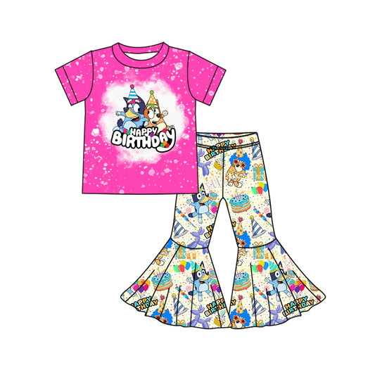 9.27 custom each style moq 5eta 4-6week baby girls clothes HAPPY BIRTHDAY cartoon dog rose red short sleeve pants sets