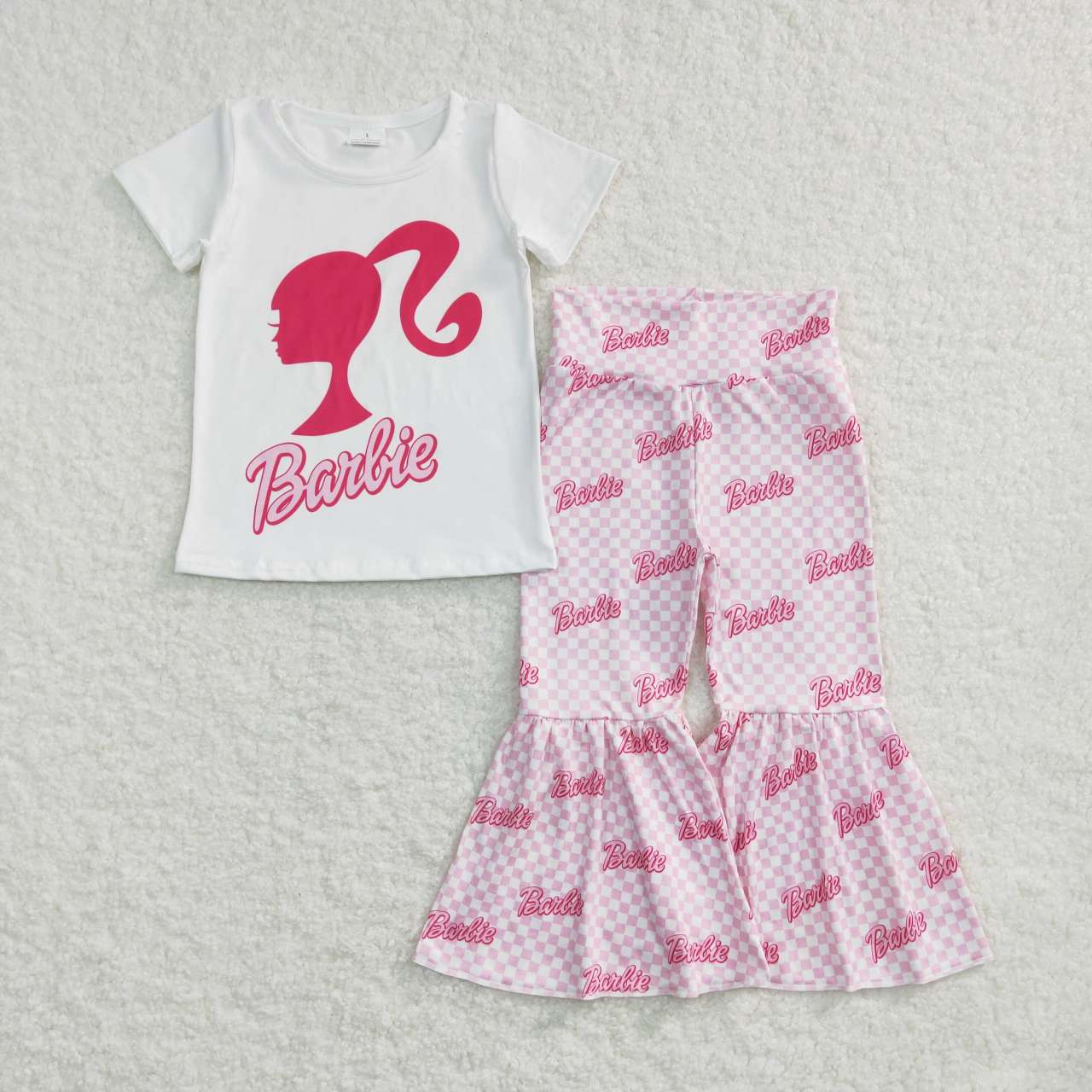 GSPO0876 barbie avatar white short sleeve pink plaid trousers suit