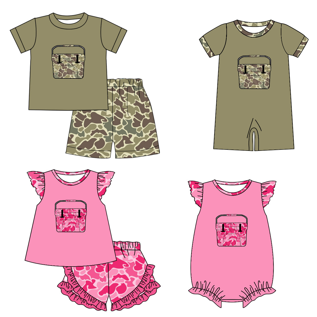 25.12.4 custom each style moq 5 eta 6-8week Sibling Sister camouflage baby short sleeve shorts sets 2 and romper 2 match design