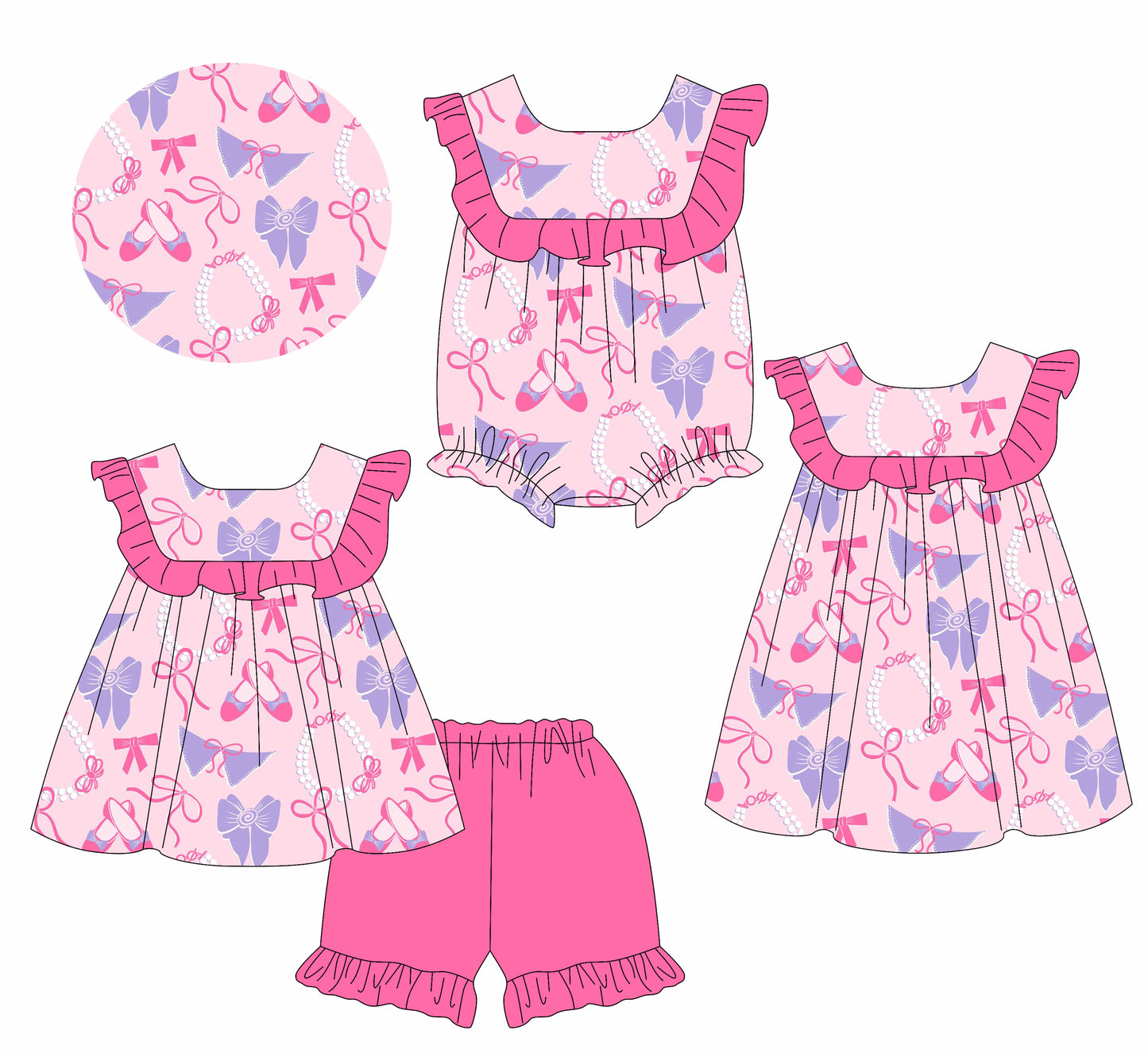 1.15 custom each style moq 5eta 4-6week Sibling Sisters ballet shoes baby girl short sleeve shorts sets and dress and rompers match family design