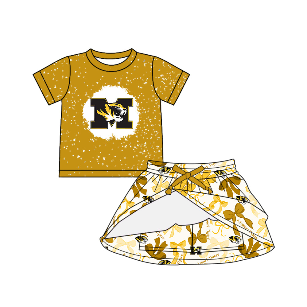 Custom moq 5 mix sizes summer teams baby girls clothes team yellow short sleeve skirts shorts sets dress 1 and dress 2 and dress 3 and dress 4-25.5.14