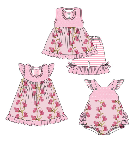 1.24 custom each style moq 5eta 4-6week Sibling Sisters floral baby girl short sleeve shorts sets and dress and rompers match family design