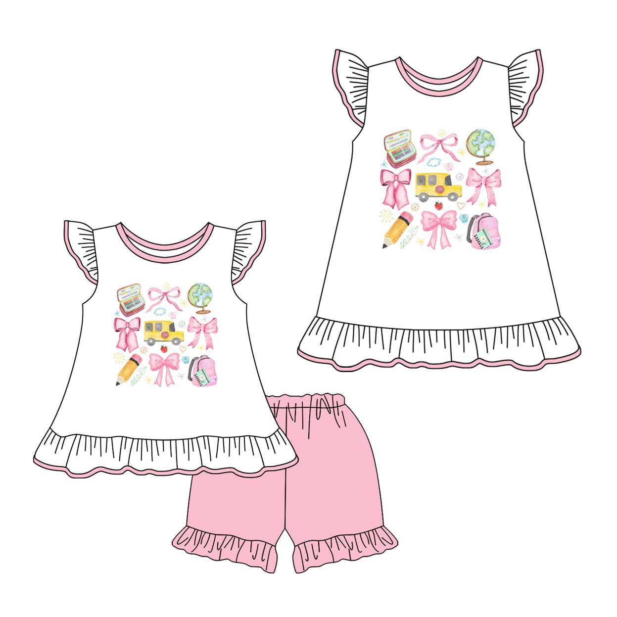 2.7 custom each style moq 5eta 4-6week Sibling Sister bow baby girl short sleeve shorts sets and dresses match design