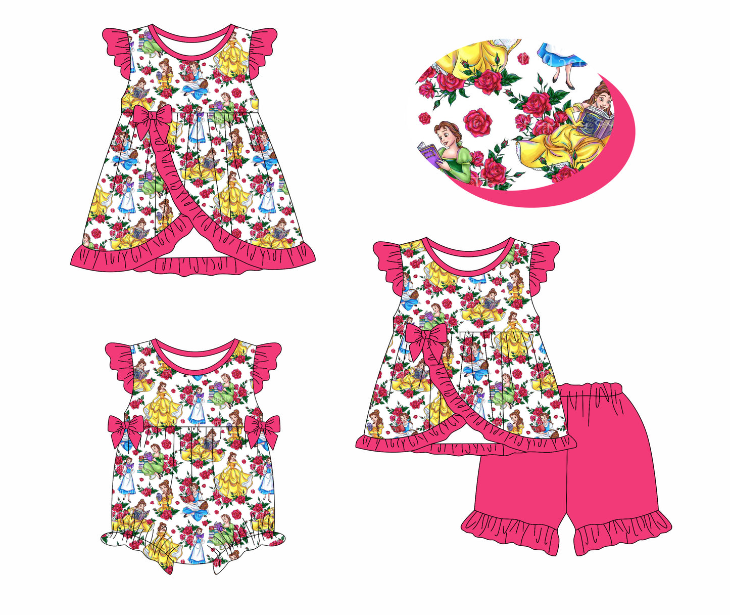 1.14 custom each style moq 5eta 4-6week Sibling Sisters disney princess floral baby girl short sleeve shorts sets and dress and rompers match family design