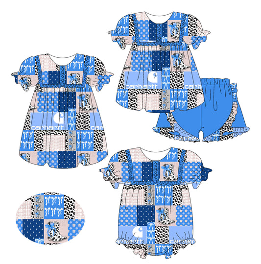 2.13 custom each style moq 5eta 4-6week Sibling Sisters bow boots baby girl short sleeve shorts sets and dress and rompers match family design