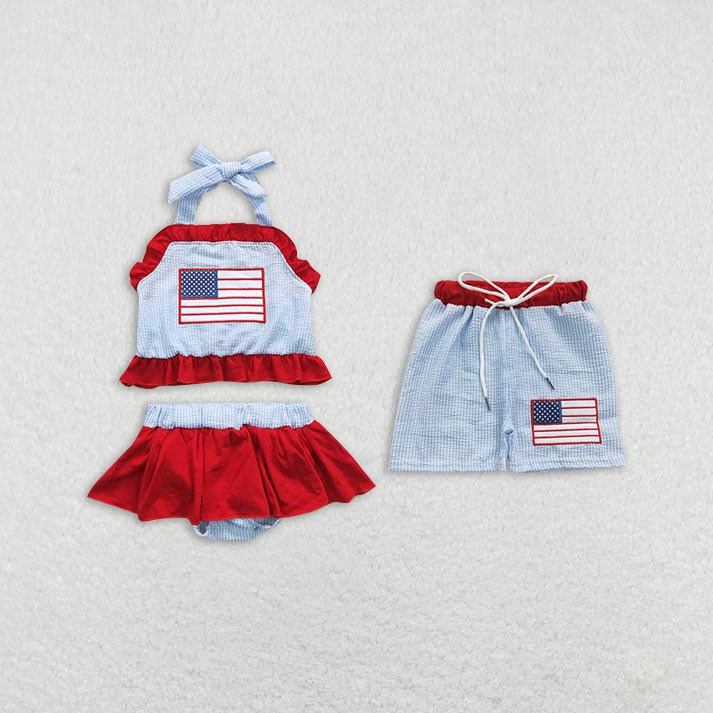 Baby Girls boys small flag print red and blue boys and girls swimsuit set Family siblings set