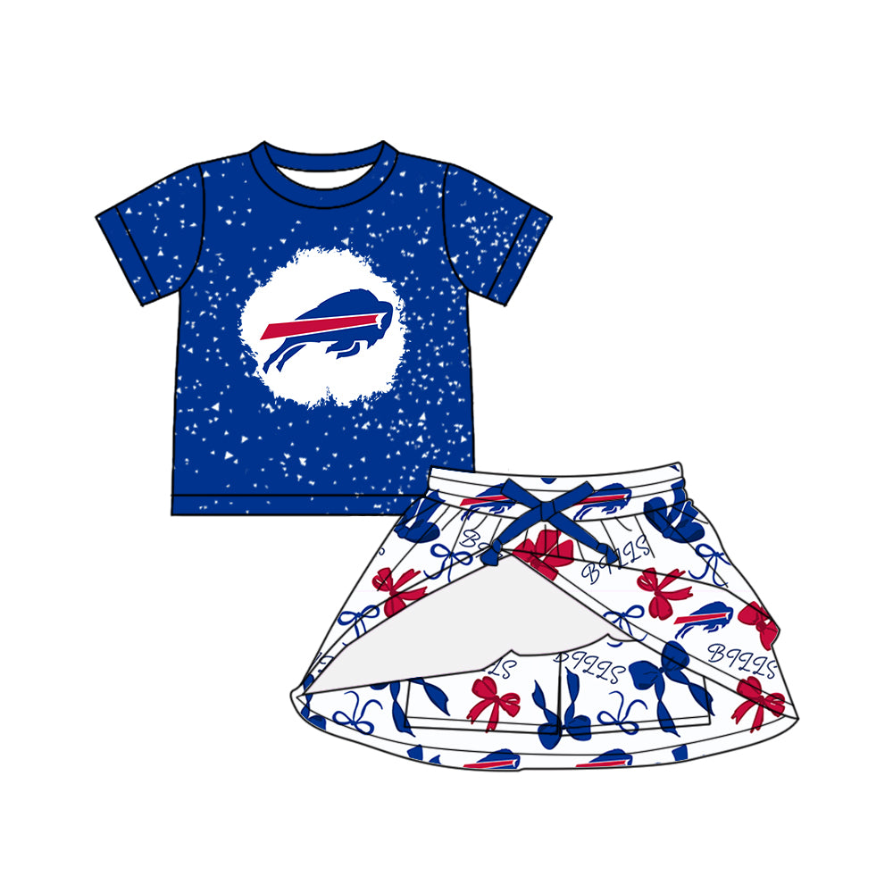 Custom moq 5 mix sizes summer teams baby girls clothes team blue short sleeve skirts shorts sets dress 1 and dress 2 and dress 3 and dress 4-25.5.26