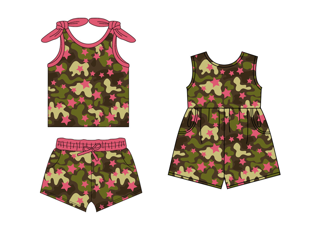 1.18 custom each style moq 5eta 4-6week Sibling Sister camouflage baby girls short sleeve shorts sets and jumpsuit match design