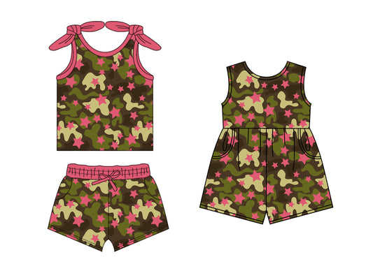 1.18 custom each style moq 5eta 4-6week Sibling Sister camouflage baby girls short sleeve shorts sets and jumpsuit match design