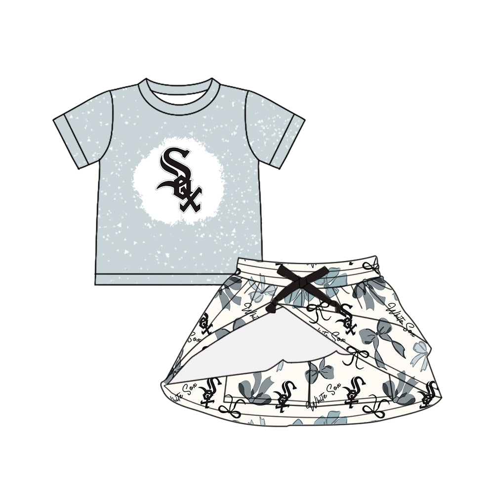 Custom moq 5 mix sizes summer teams baby girls clothes team gray short sleeve skirts shorts sets dress 1 and dress 2 and dress 3 and dress 4-25.5.19