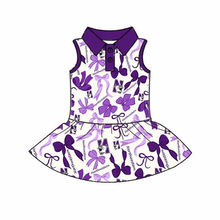 Custom moq 5 mix sizes summer teams baby girls clothes team purple short sleeve skirts shorts sets dress 1 and dress 2-25.5.10