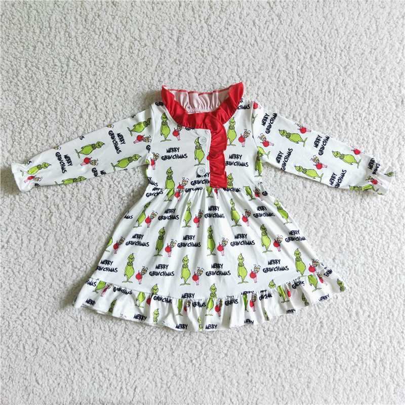 Baby Girls cartoon character print white dress and long sleeves with long pants