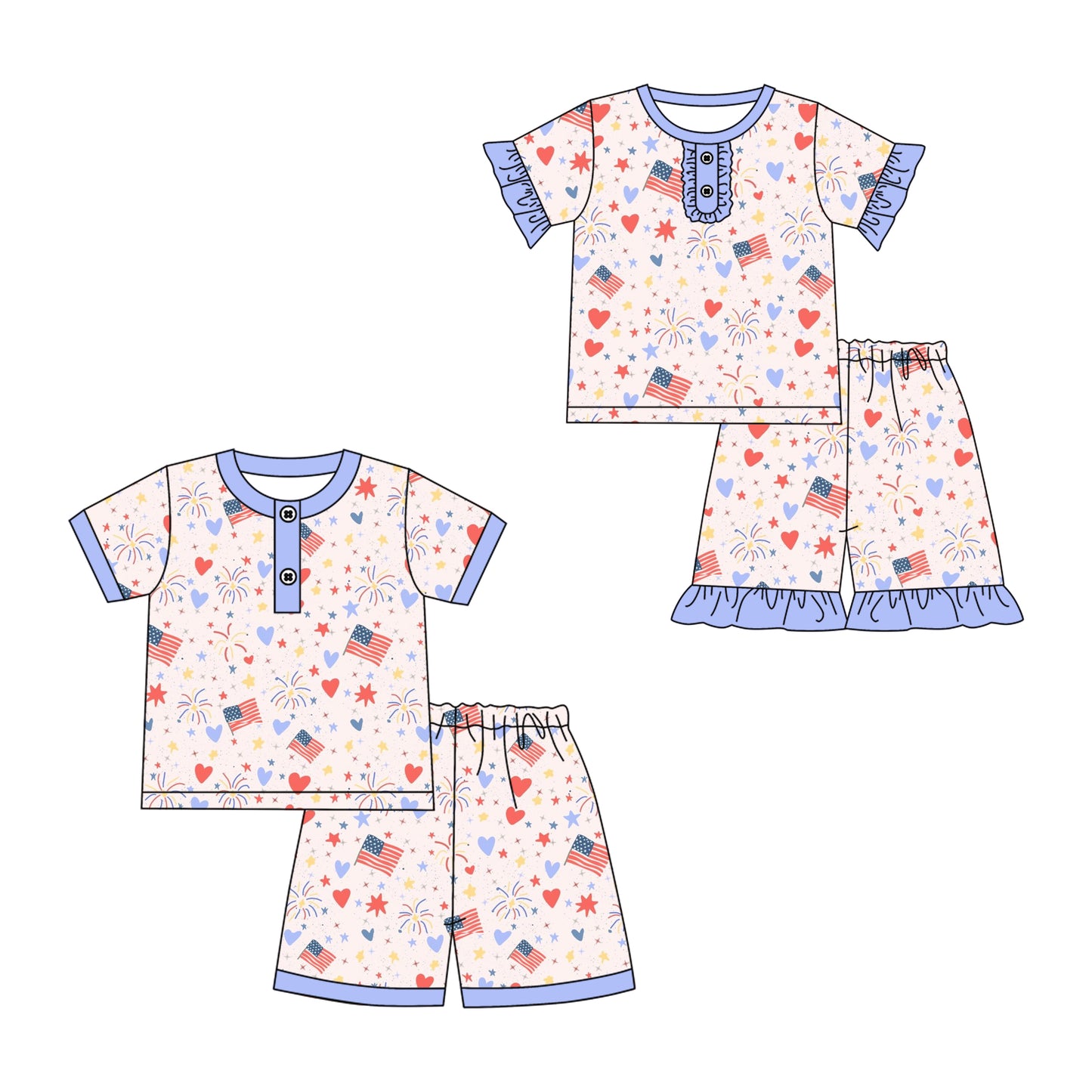 25.11.28 custom each style moq 5 eta 6-8week Sibling Sisters flag baby girl clothes short sleeve shorts sets 2 match family design