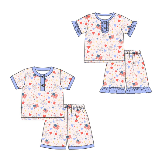 25.11.28 custom each style moq 5 eta 6-8week Sibling Sisters flag baby girl clothes short sleeve shorts sets 2 match family design