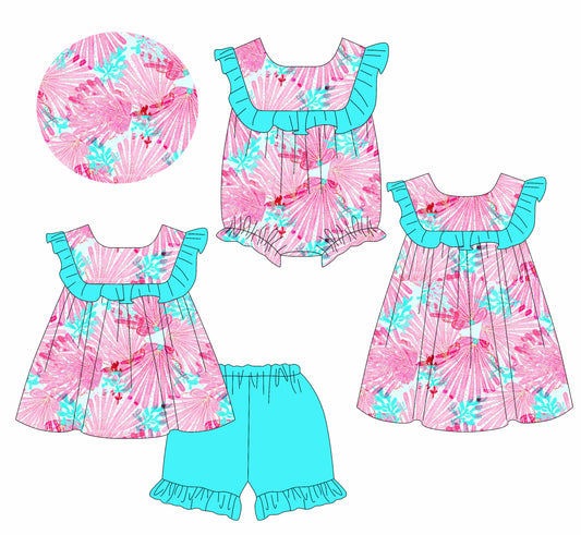 1.13 custom each style moq 5eta 4-6week Sibling Sisters baby girl short sleeve shorts sets and dress and rompers match family design