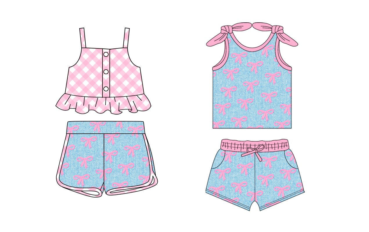 1.25 custom each style moq 5eta 4-6week Sibling Sister bow baby girls short sleeve shorts sets and set 2 match design