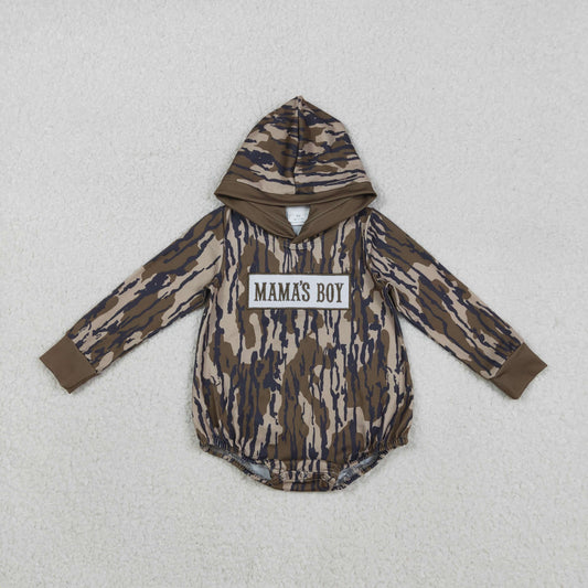 RTS NO MOQ（In Stock) LR2793 Embroidered Mama's Boy Military Green Camouflage Hooded Long-Sleeve Jumpsuit