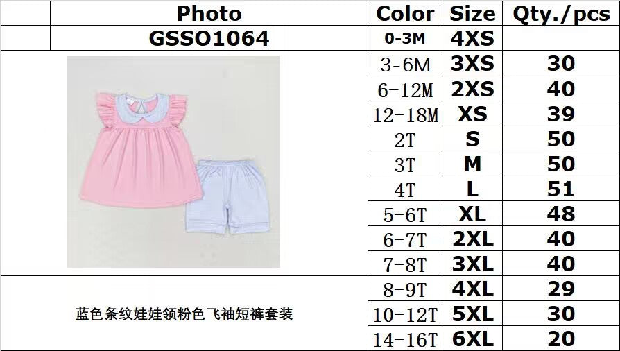 rts no moq GSSO1064 Blue striped doll collar pink flying sleeve shorts set