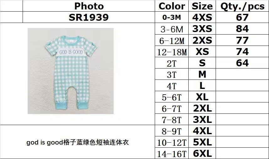 RTS no moq SR1939 god is good plaid blue green short sleeve jumpsuit