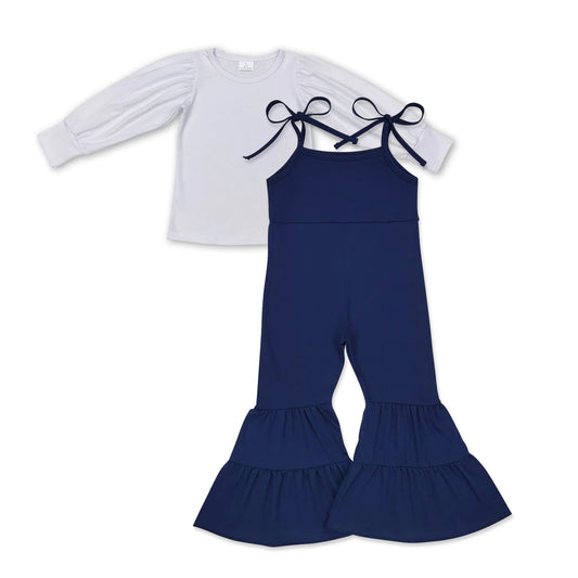 SR0449 Dark blue suspender jumpsuit with white cotton top