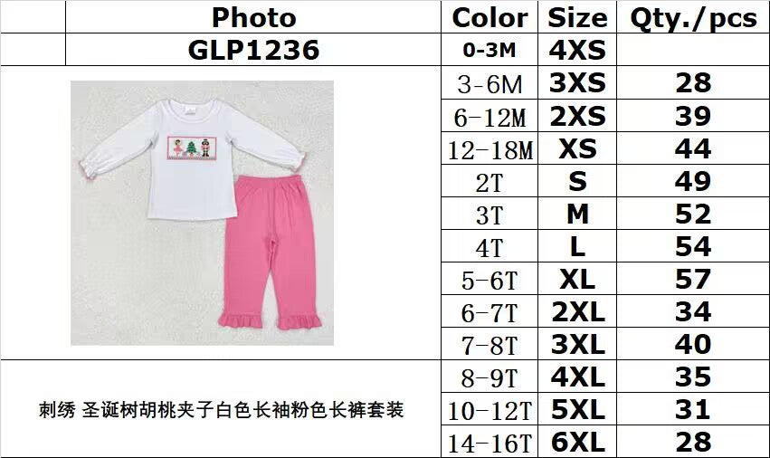 rts no moq GLP1236 Embroidery Christmas Tree Nutcracker White Long Sleeve Pink Pants Set