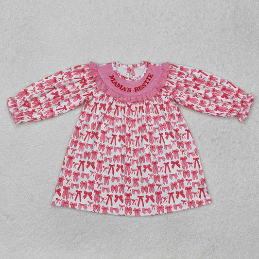 RTS NO MOQ ETA 5/7days arrived GLD0990 Embroidered mama's bestie bow pattern pink and white long-sleeved dress