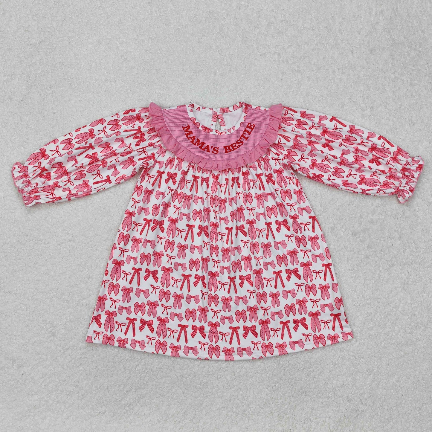 RTS NO MOQ ETA 5/7days arrived GLD0990 Embroidered mama's bestie bow pattern pink and white long-sleeved dress