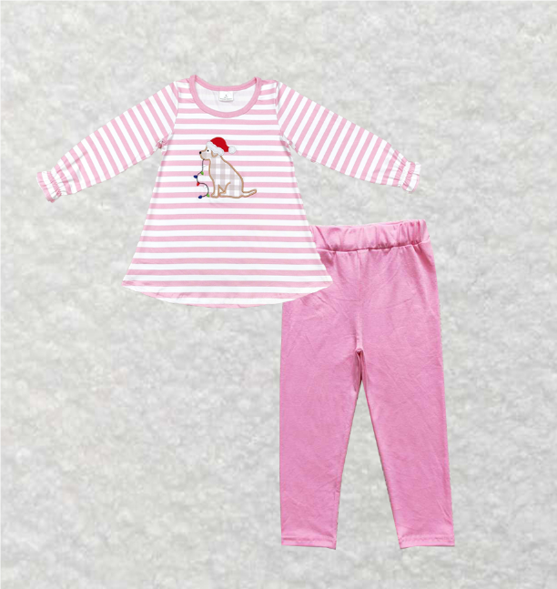 rts no moq GT0659+P0212 Embroidered Christmas hat puppy lights striped pink and white long-sleeved top trousers sets