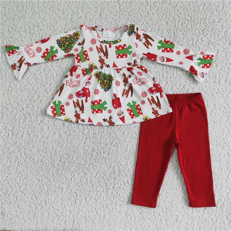 RTS NO MOQ 6 B4-39 6 C8-38 6 A22-14 Red Elk Christmas Tree Pattern Button Cardigan Long Sleeve Set