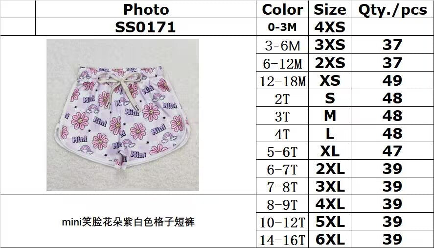 SS0171 mini smiling face flower purple and white plaid shorts