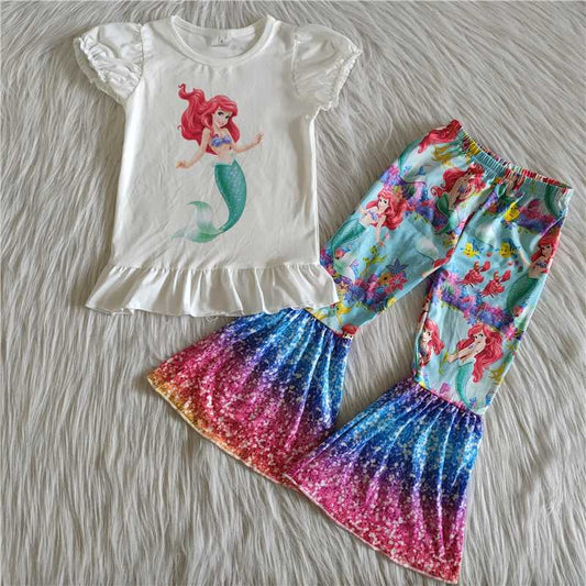 rts no moq C12-10 Mermaid White Puff Sleeve Colorful Flared Pants