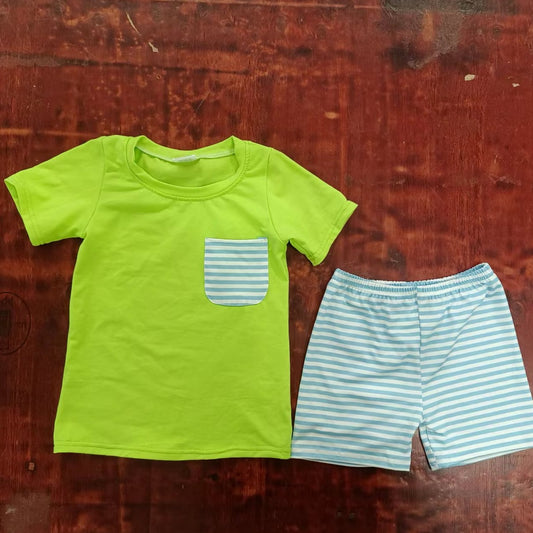 custom moq 5 eta 4-6weeks summer baby boys clothes bright green short sleeve shorts set