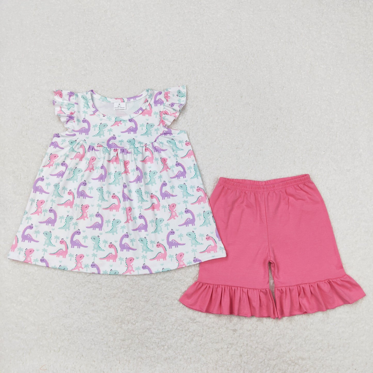 GSSO0787 Dinosaur white flying sleeve pink shorts suit