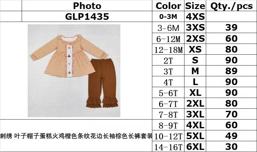 rts no moq GLP1435 Embroidered Leaf hat cake turkey orange stripe lace long sleeve brown trousers set