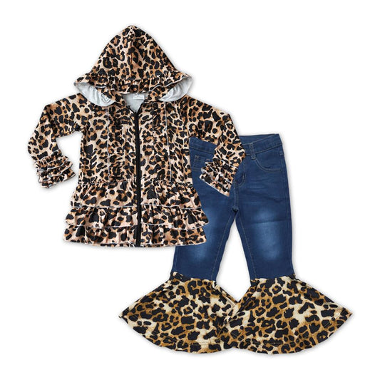 6 B6-23 leopard print hooded jacket with zipper+P0116 Denim leopard print flared pants