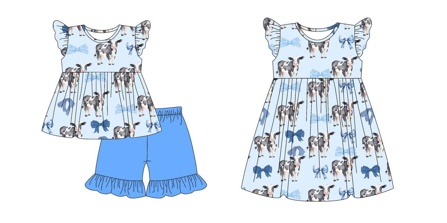 1.3 custom each style moq 5eta 4-6week Sibling Sister cow baby girl short sleeve shorts sets and dresses match design