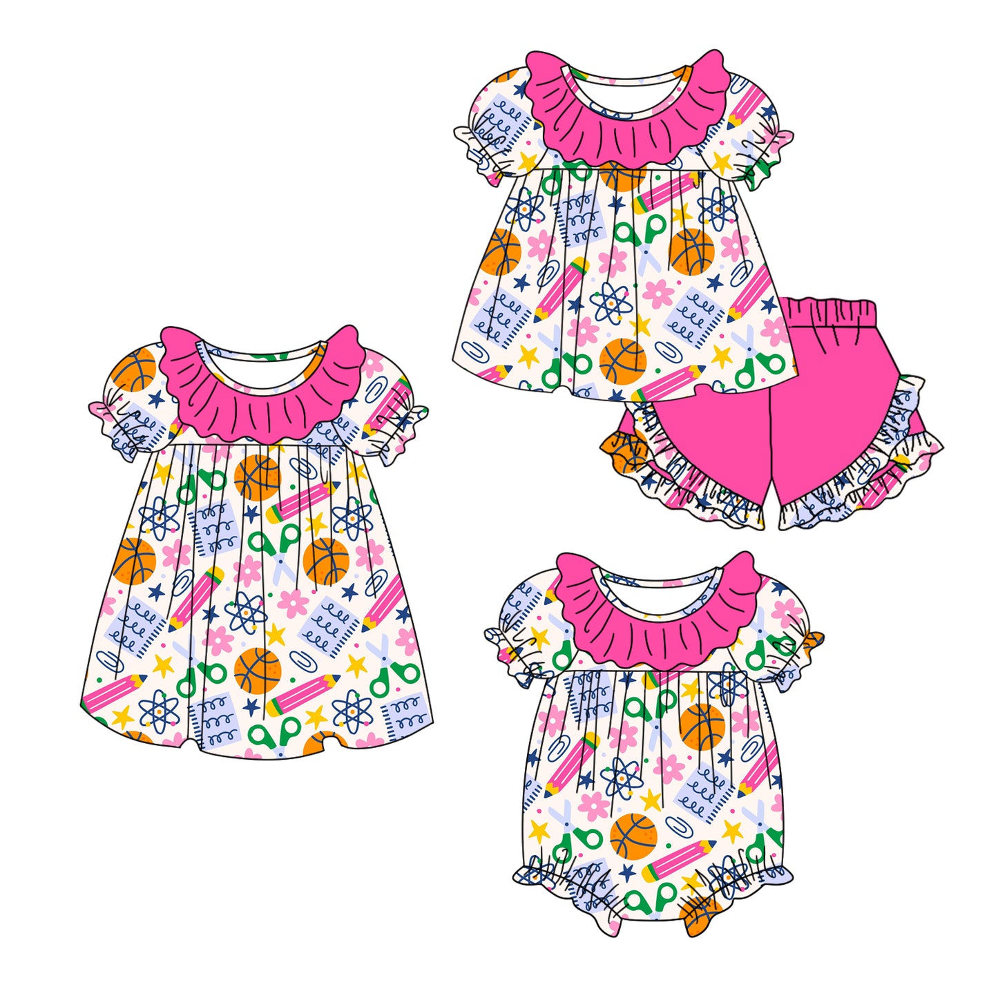 1.6 custom each style moq 5eta 4-6week Sibling Sistes back to school baby girl short sleeve shorts sets and dress and rompers match family design