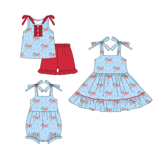 26.1.1 custom each style moq 5 eta 6-8week Sibling Sister bow baby short sleeve shorts sets and romper and dress match design